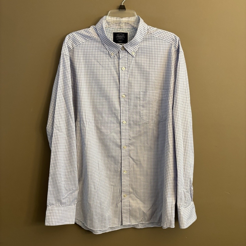 Charles Tyrwhitt Dress Shirt Men's XL Blue Purple Grid Classic Fit Button-Up
